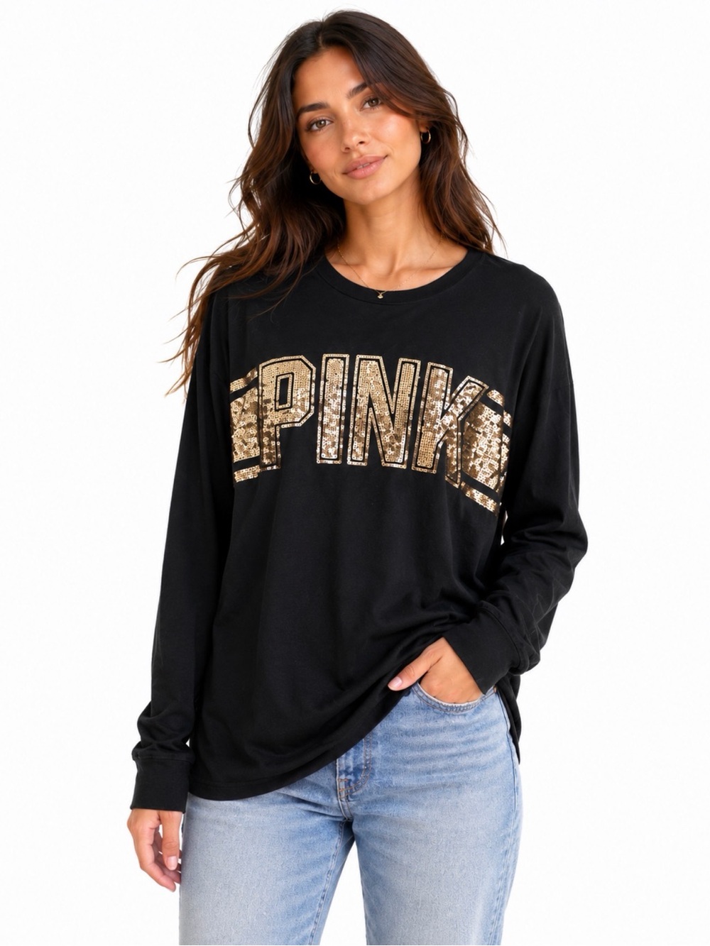 PINK Victoria's Secret Black Tee with Gold Sequin Logo XS